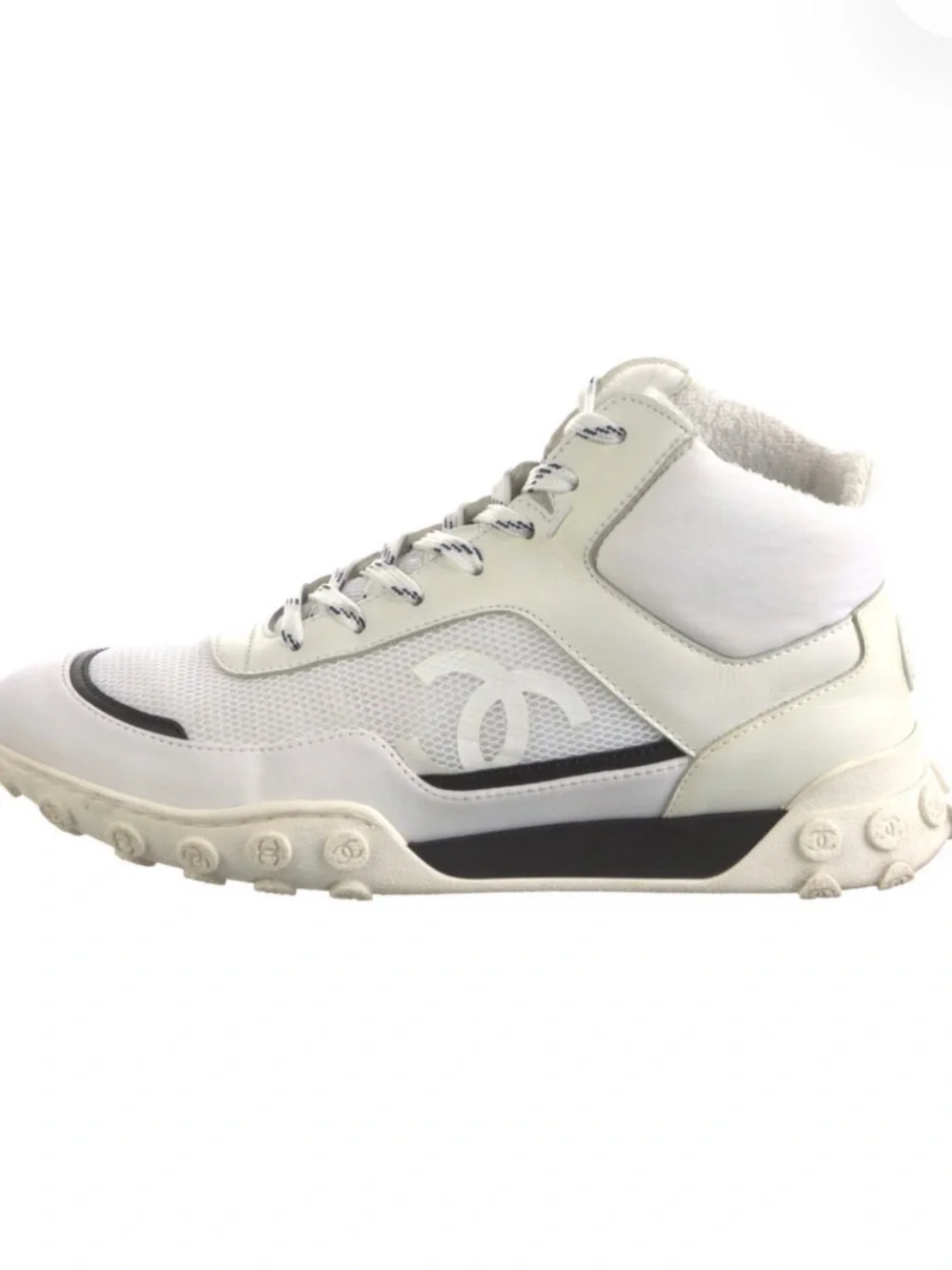 CHANEL White and Black High-Top Logo Sneakers